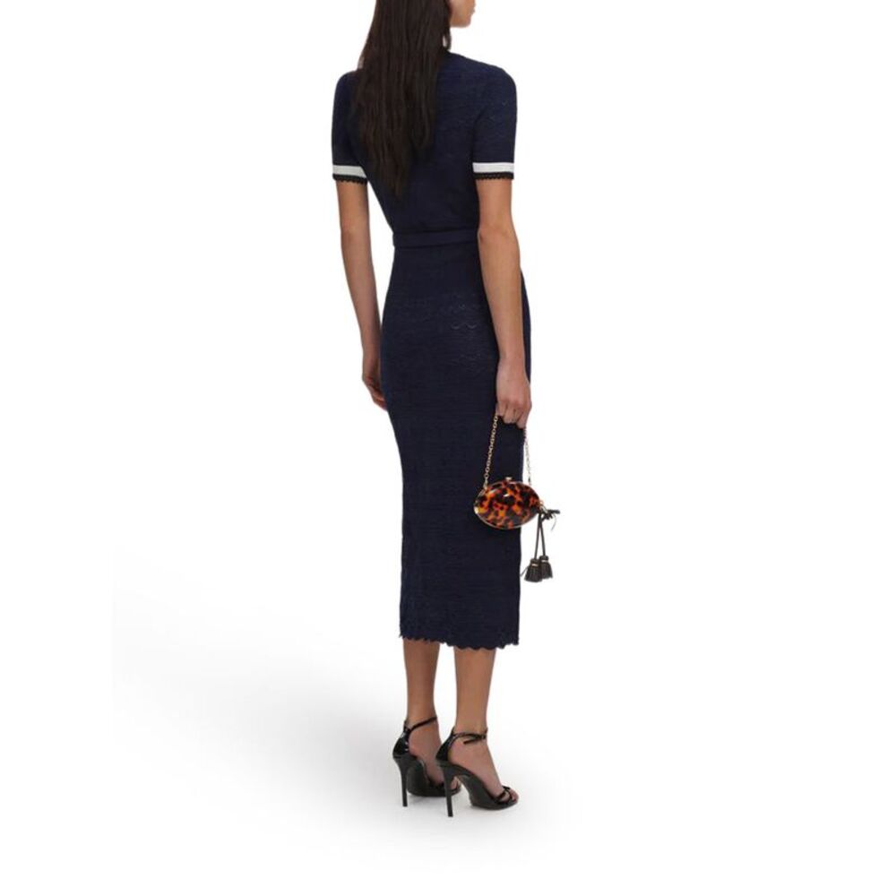 Self-Portrait Women Navy Blue Perforated Knit Midi Dress - Picture 3 of 5